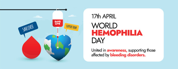world Hemophilia Day. 17th April World haemophilia day celebration and awareness cover banner with icons of blood bag, earth globe, blood drop to promote blood donations and save lives. Cover banner. - obrazy, fototapety, plakaty