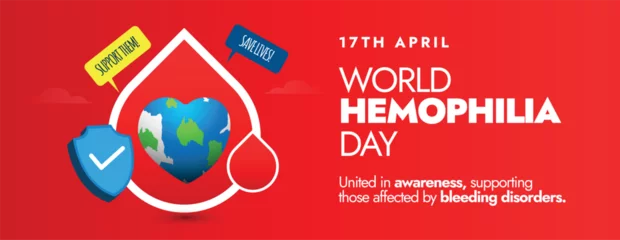 Deurstickers World Haemophilia day.17th April World Haemophilia day celebration cover banner in bright red background with a drop of blood and an earth globe icon in it. Recognising all bleeding disorders cover. © Sabeen