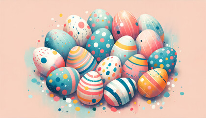 Fototapeta na wymiar Vibrant Array of Patterned Easter Eggs on Pastel Backdrop