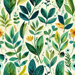 Fototapeta premium Green plant leaf pattern with cheerful colorful flowers. Pencil, grunge watercolor natural illustration. Simple minimal, clean design organic plants. Botany vintage graphic art wallpaper background