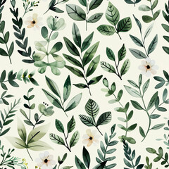 Fototapeta premium Green plant leaf pattern with cheerful flowers. Pencil, grunge watercolor natural illustration. Simple minimal, clean design organic plants. Botany vintage graphic art wallpaper background