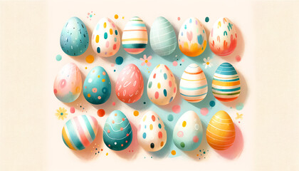 Obraz premium Vibrant Array of Patterned Easter Eggs on Pastel Backdrop