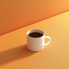 The minimalist representation of a perfect cup of coffee with a shadow captured against a warm orange background.