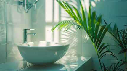 
A clean bathroom background with a green palm branch casting shadows, a terry cotton towel and a massage brush - obrazy, fototapety, plakaty