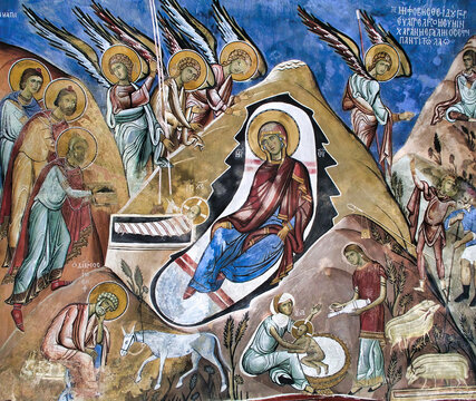 The frescoes of the Orthodox - Byzantine - La Panagia tou Araka, or Arakos (Cyprus) Nativity with Jesus' first bath