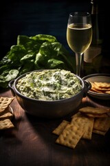 Creamy spinach and artichoke dip in a bowl with crackers and white wine next to it