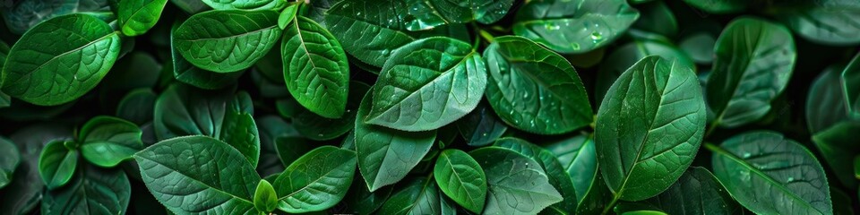 A close up of a bunch of green leaves with water droplets on them, AI - obrazy, fototapety, plakaty