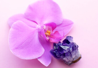 Amethyst crystals and orchid flower. Healing crystals, the magic of precious stones. Selective...