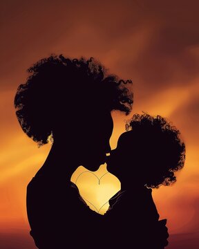 Silhouette of a beautiful black mother hugging her child son who has curly hair a heart symbol is shown in the space between them, realistic photograph, sunset in the background