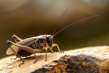 Shot of closeup of a cricket chirping on a warm rock. Insects. Gryllus assimilis - obrazy, fototapety, plakaty