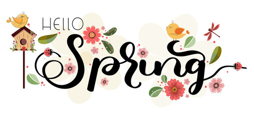 Hello SPRING. Floral Spring season design with flowers, leaf and butterfly. Decoration background for banner, invitation, sale or more. Vector Illustration