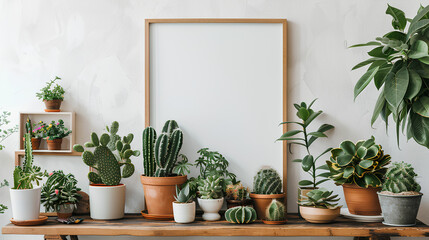 Domestic interior of living room with vintage retro shelf, a lot of house plants, cacti, wooden mock up poster frame on the white wall and elegant accessories at stylish home garden