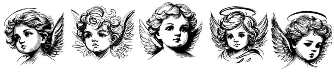 cherub heads portraits cute little children with wings black  laser cutting engraving