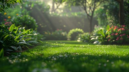 A lush green grassy area with flowers and trees in the background, AI