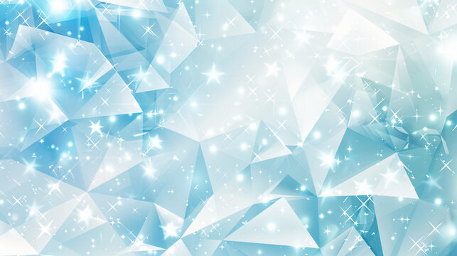 Abstract background with light blue and white polygonal shapes, triangles of different sizes and shades of cyan and aquamarine, a shiny and sparkling effect