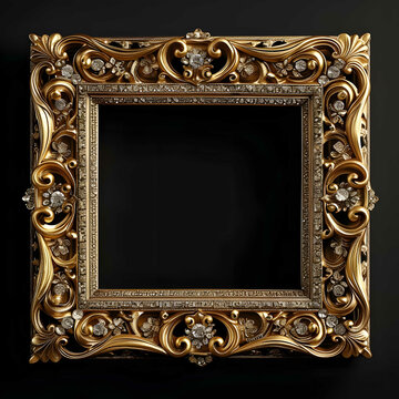 a gold picture frame on a black background