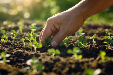 Sustainable Farming Practices on Earth Day: A High Definition Image of Hand Planting Seedlings in Fertile Soil Under the Warm Spring Sun, with copy space for text
