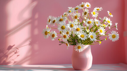 Naklejka na ściany i meble Bright daisies flowers bouquet in pink vase on table, shadows on pink wall