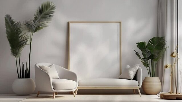 3D rendering. Mockup poster frame with minimalist modern interior background.