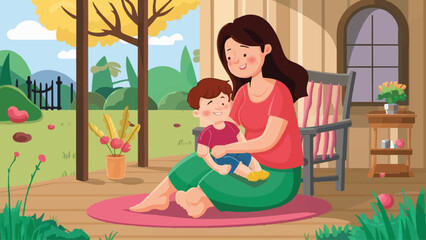 Obraz na płótnie Canvas Captivating Moments: Hygge Motherhood in Spring Garden - Charming Vector Illustration of Mother and Son Enjoying Quality Time Outdoors, Perfect for Creating Heartwarming Content
