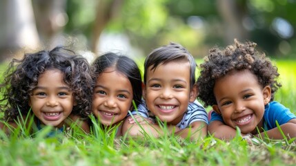 Fototapeta premium A group of four children laying in the grass smiling, AI