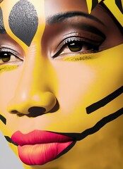 Offbeat portrait of a black woman with yellow painted face. Surreal pop-art style shot.