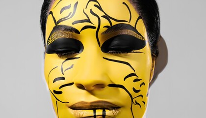 Offbeat portrait of a black woman with yellow painted face. Surreal pop-art style shot.