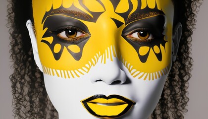Offbeat portrait of a black woman with yellow painted face. Surreal pop-art style shot.