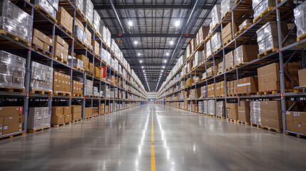 An empty warehouse aisle with neatly arranged shelves filled with boxes, and a forklift truck standing next to it - obrazy, fototapety, plakaty