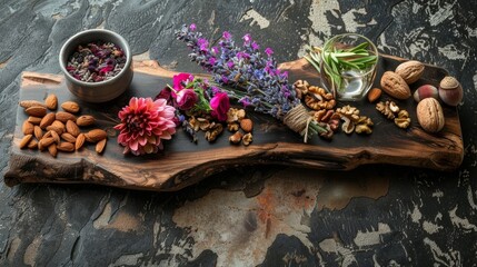 A non-dairy milk infused with lavender and rose, served with nuts and flowers on a wooden board made