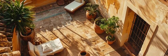  medium shot a Mediterranean terrace with flowing linens and terracotta pots
