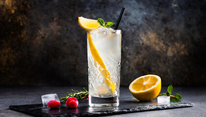 tom collins cocktail in large glass on dark background