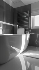  full shot a contemporary bathroom with sleek lines and mirror reflections
