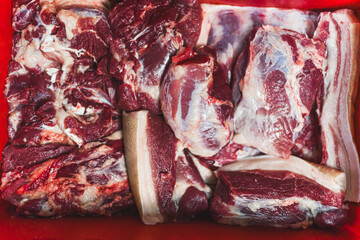 closeup shot of freshly slaughtered meat (beef and pork) for sale and further processing. High quality photo