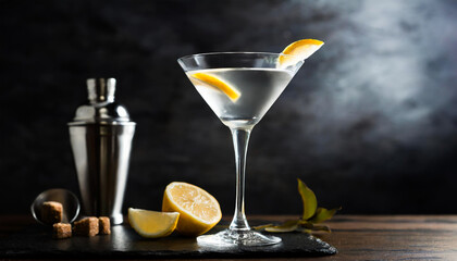 vesper martini cocktail with mixer on dark background