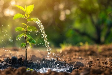 Watering a Newly Planted Tree: Nurturing Life on Earth Day, crystal-clear stream of water nourishing the soil around a newly planted tree, with droplets sparkling in the sunlight.  with copy space for