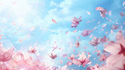 cherry blossom petals flying in the sky, spring background, pink and blue colors, detailed, realistic, high resolution 