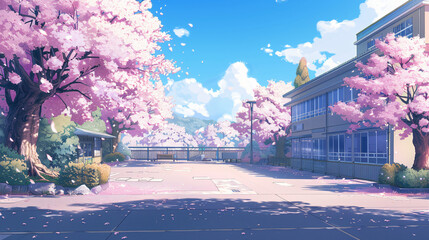 Fluid anime school background with cherry blossom trees, in the style of cartoon, pastel colors, high resolution, high detail, high quality 