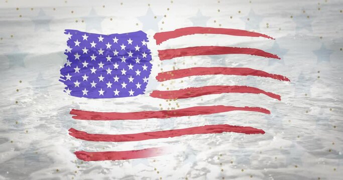 Animation of flag of usa over sea and beach in summer