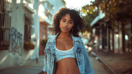 Young latina dressed in a denim jacket on a neighborhood street in a Latin American country street - obrazy, fototapety, plakaty