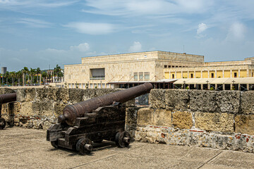 Cartagena, Colombia - July 25, 2023: Cannon on Baluarte de San Ignacio rampart and bastion under....