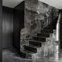 A staircase with a sleek black marble finish