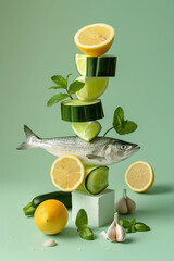 А stack of fresh sea fish, lemons, vegetables and herbs on pastel blue background. Minimal food still life concept.	