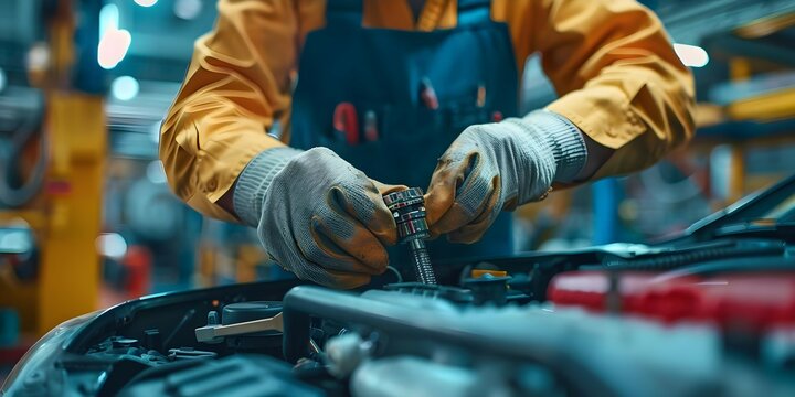 Skilled mechanic repairing a car in a garage at an auto shop. Concept Mechanic, Car Repair, Auto Shop, Garage, Skilled Work