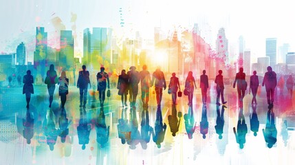 A group of people walking in a cityscape with colorful buildings, AI
