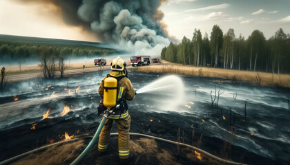 Brave Firefighter Battles Raging Forest Blaze with Determination - obrazy, fototapety, plakaty