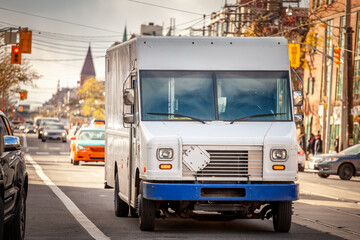 Selective blur on a white delivery van, in a typical north american street, getting ready for mail,...