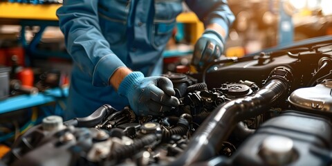 Mechanic improves engine at auto repair shop for vehicle maintenance service. Concept Auto Repair, Vehicle Maintenance, Engine Improvement, Mechanics, Garage Services