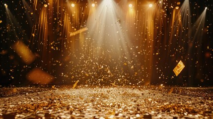 Festive stage illuminated by a central light beam, adorned with golden confetti rain. Ai Generated - Powered by Adobe