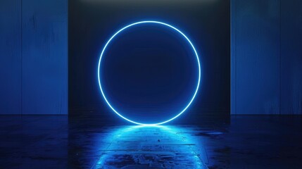 Neon blue geometric circle stands out against a dark background, creating a captivating contrast....